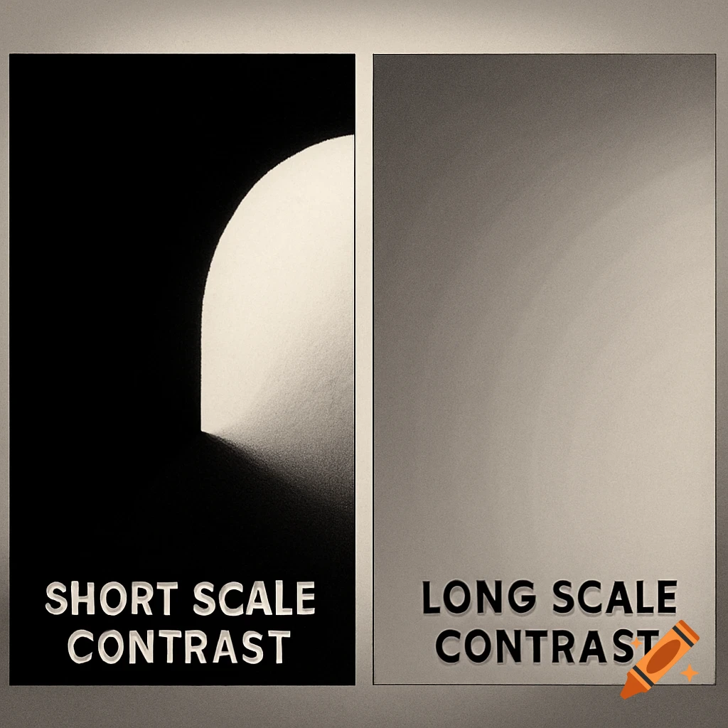 A side-by-side comparison illustrating visual contrast concepts. The left panel shows 'SHORT SCALE CONTRAST' with a sharp, high-contrast light arc against black. The right panel shows 'LONG SCALE CONTRAST' with a smooth, subtle gradient.