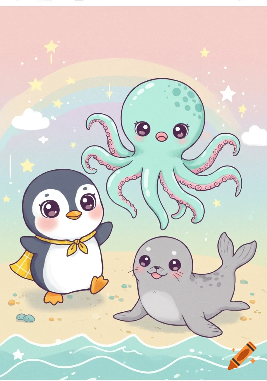 Cute cartoon penguin, octopus, and seal on a sandy beach with a rainbow and stars.