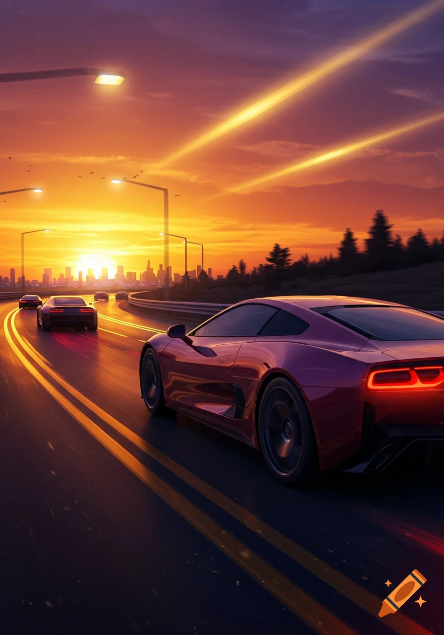 A fleet of sports cars drives on a highway at sunset, with a city skyline visible in the distance.