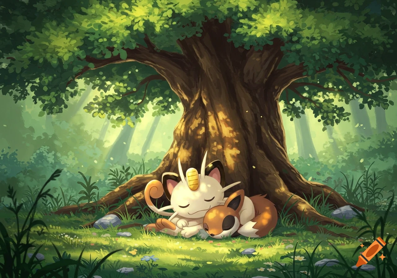 Meowth and a fox-like Pokémon sleeping soundly under a large tree in a sunlit forest, anime style.