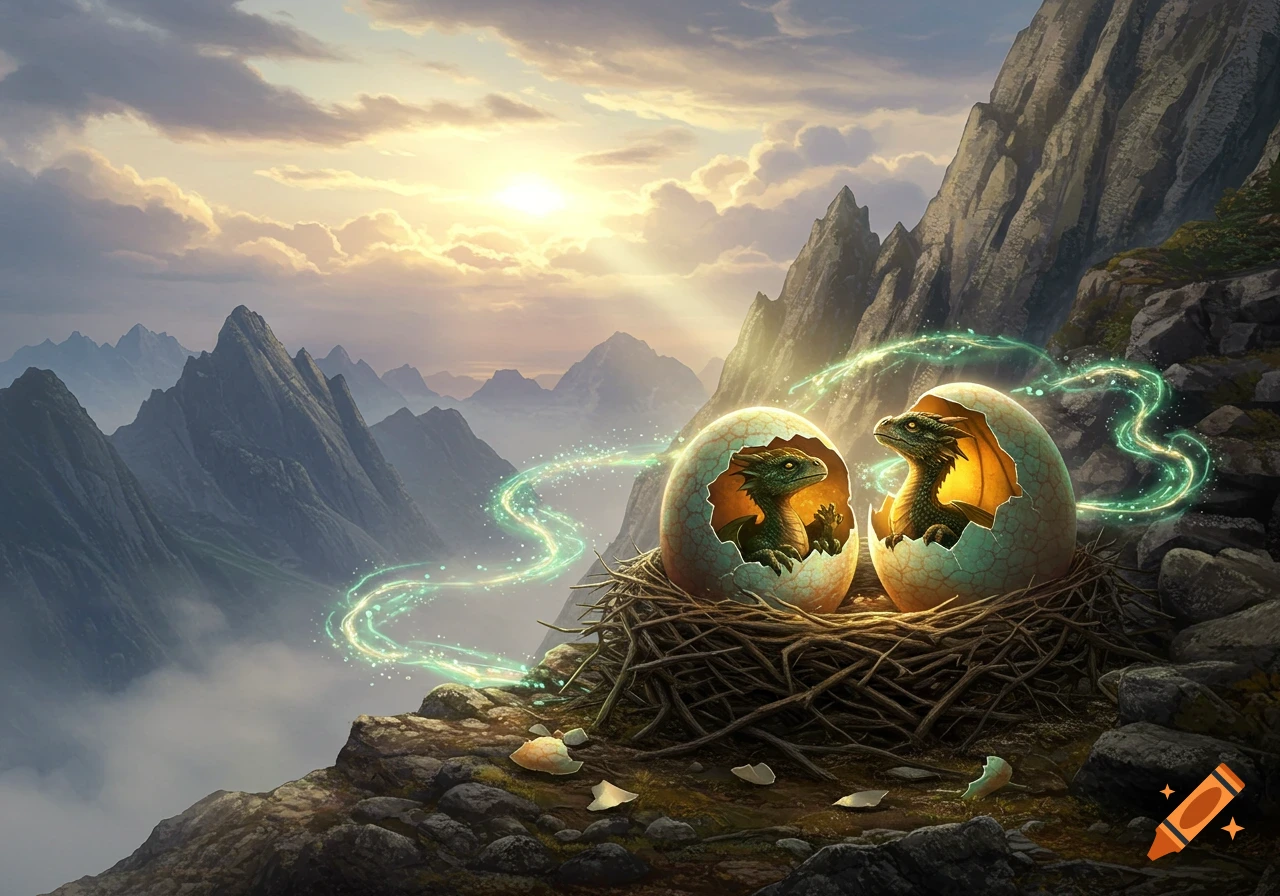 Two baby dragons hatch from glowing eggs in a nest on a rocky mountain peak, with misty valleys and a sunrise sky.