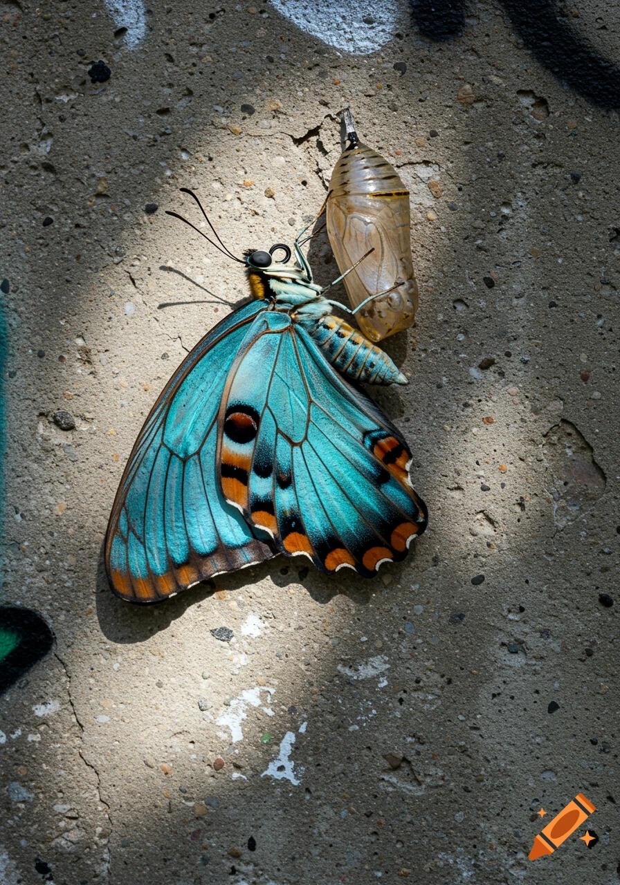 Photorealistic image of a vibrant blue and orange butterfly with a chrysalis on a sunlit concrete wall.