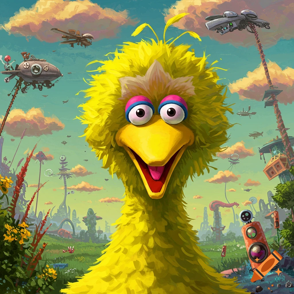 A vibrant, cartoonish illustration of Big Bird with large eyes and an open beak, standing in a whimsical, surreal landscape with flying machines.
