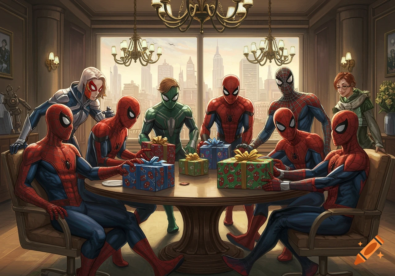 Multiple Spider-Man characters and a woman gather around a table, exchanging colorful gift boxes in a room overlooking a city skyline.