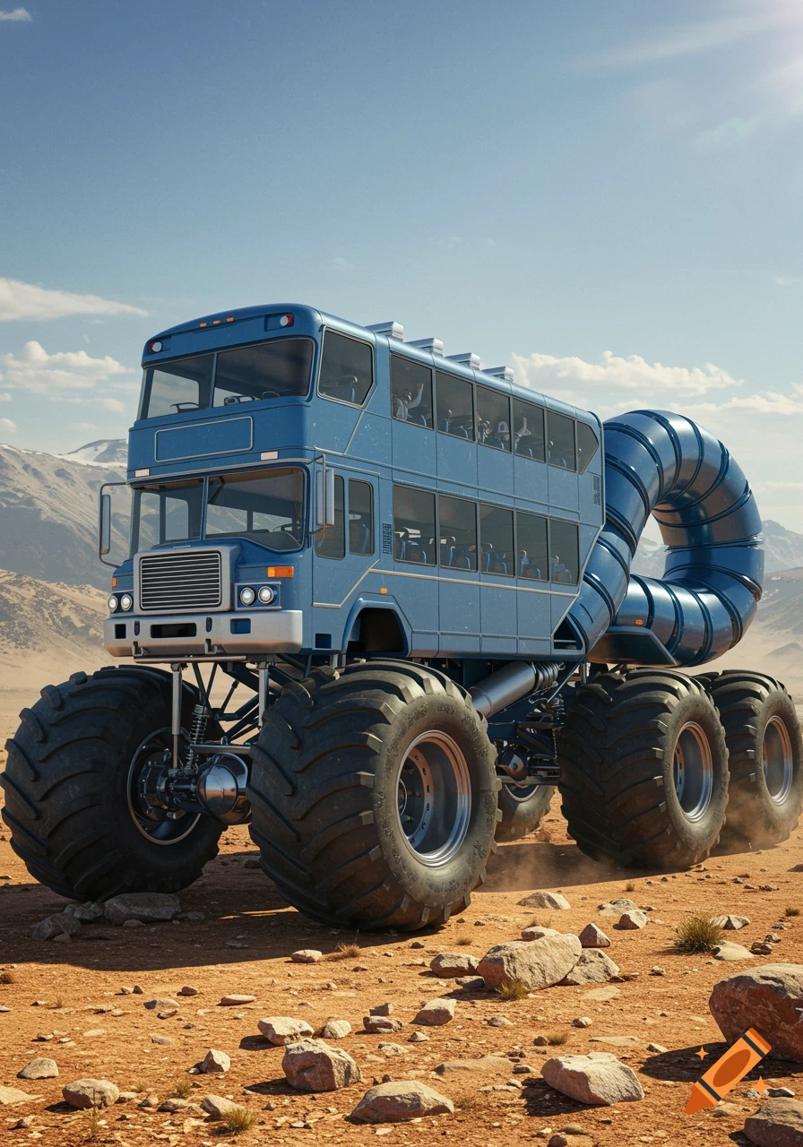 A blue double-decker bus on monster truck tires with a slinky-like articulated rear section drives across a rocky desert landscape.