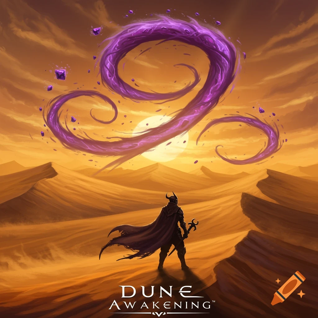 A cloaked warrior stands on a desert dune looking at a large purple energy swirl in a sunset sky. 'DUNE AWAKENING' text.