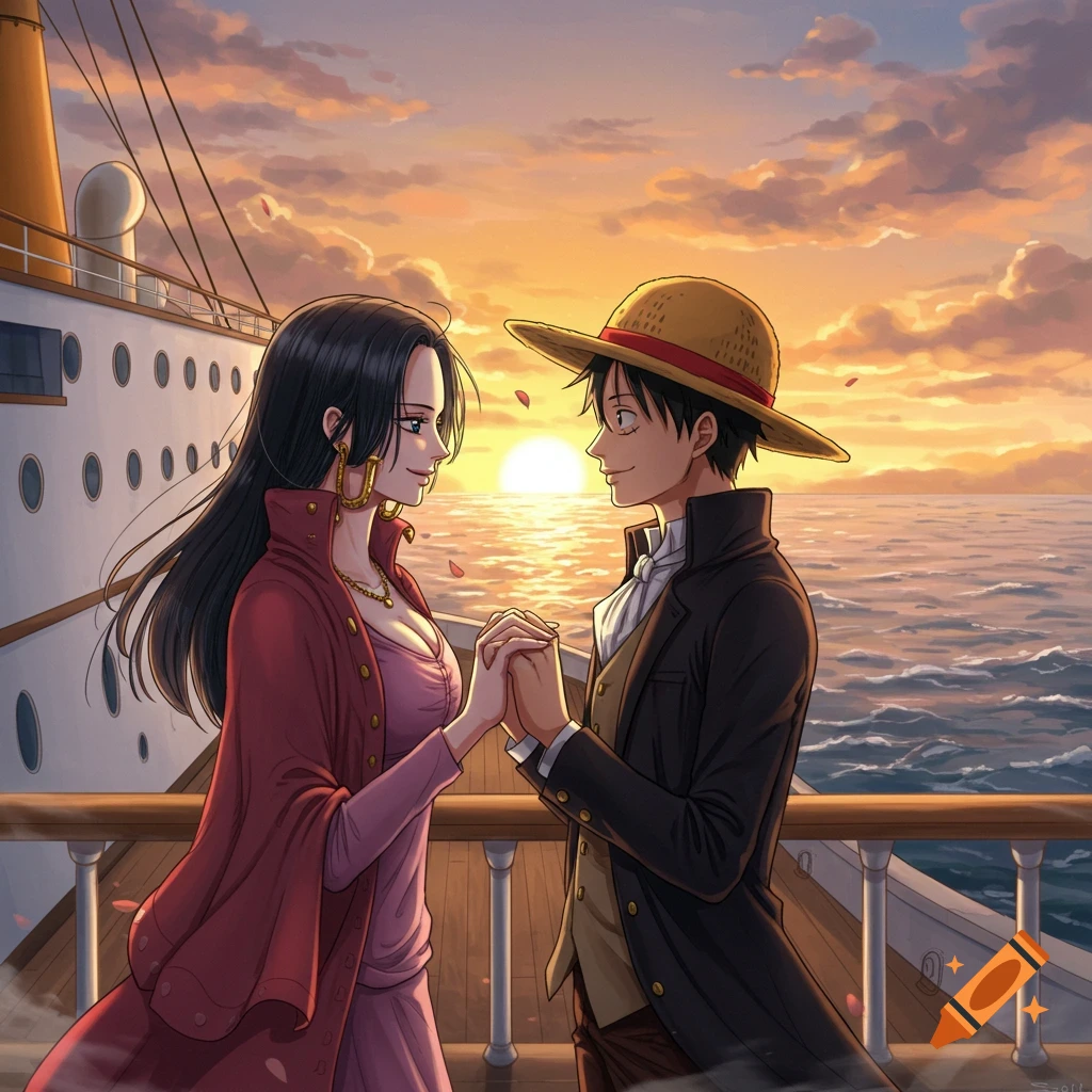 Anime characters Boa Hancock and Monkey D. Luffy hold hands on a ship deck at sunset.