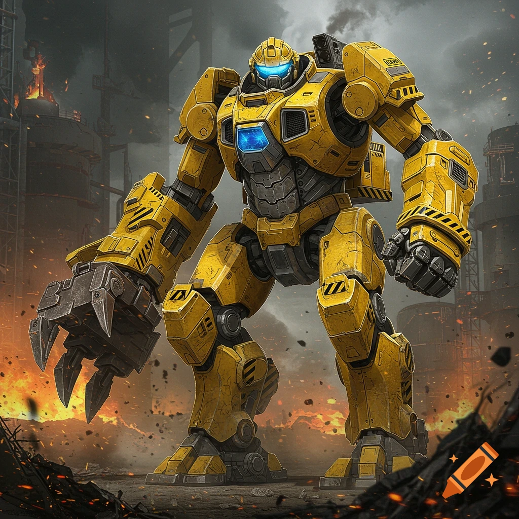 A large yellow and grey industrial robot, resembling a bulldozer, stands amidst a fiery, destroyed industrial landscape.