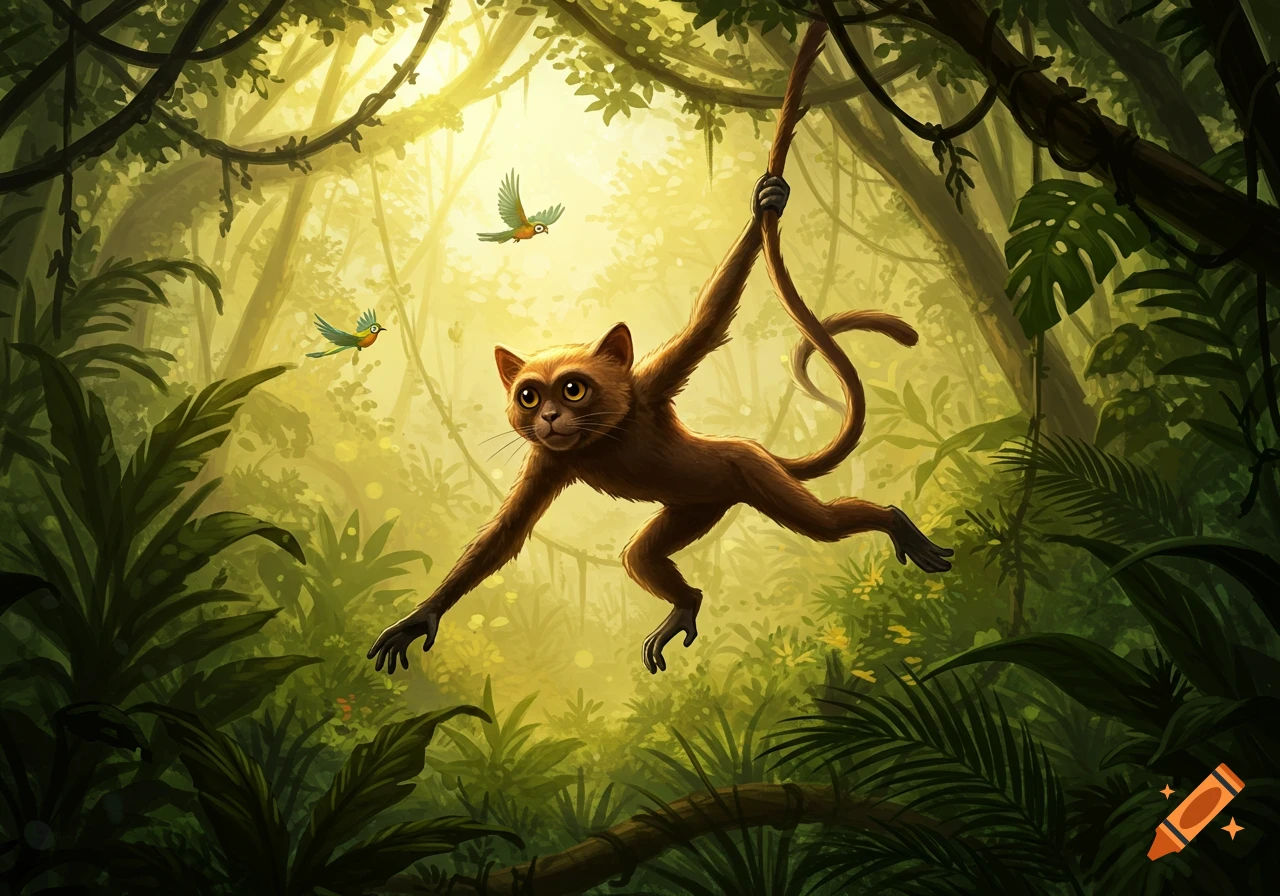 A cartoon cat with a monkey body swings on a vine in a bright, lush jungle with small birds flying.
