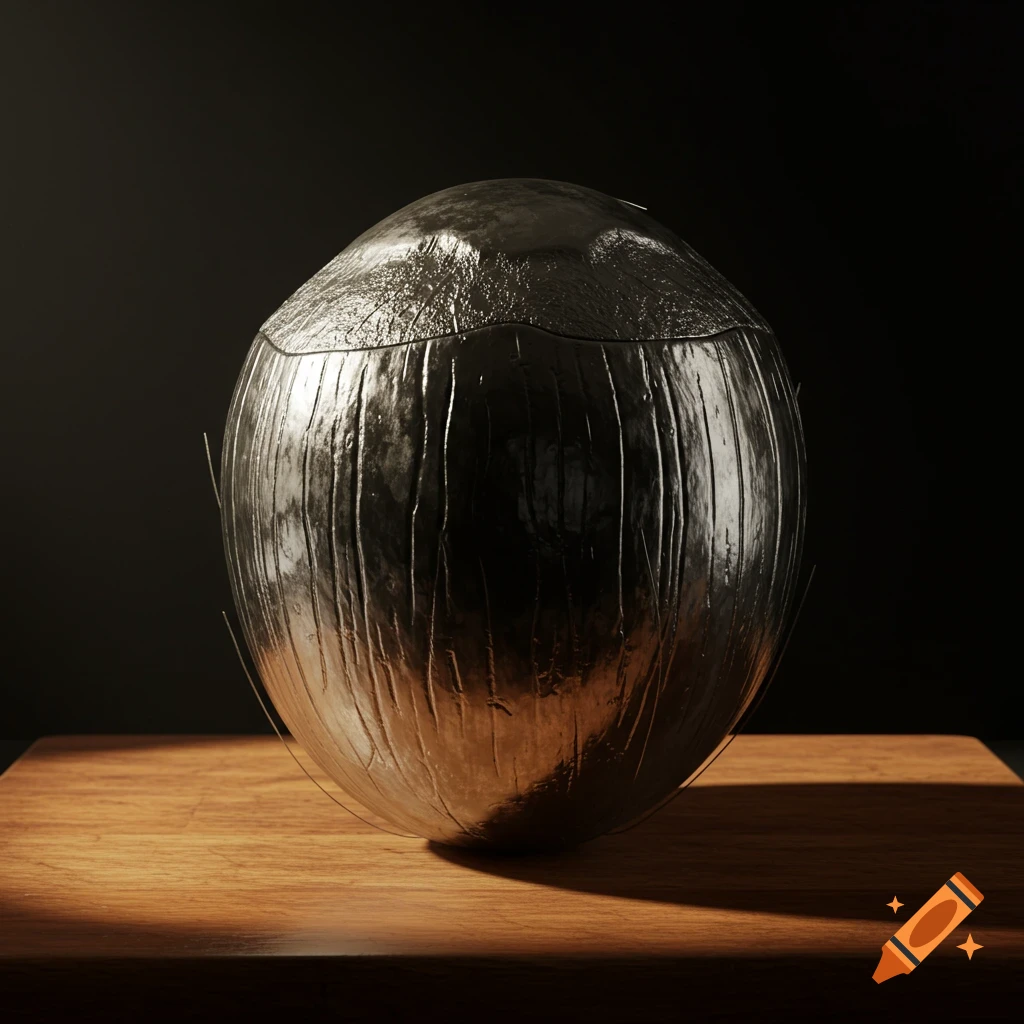 A realistic, reflective metallic coconut rests on a wooden surface with a dark background and soft, isolated lighting.
