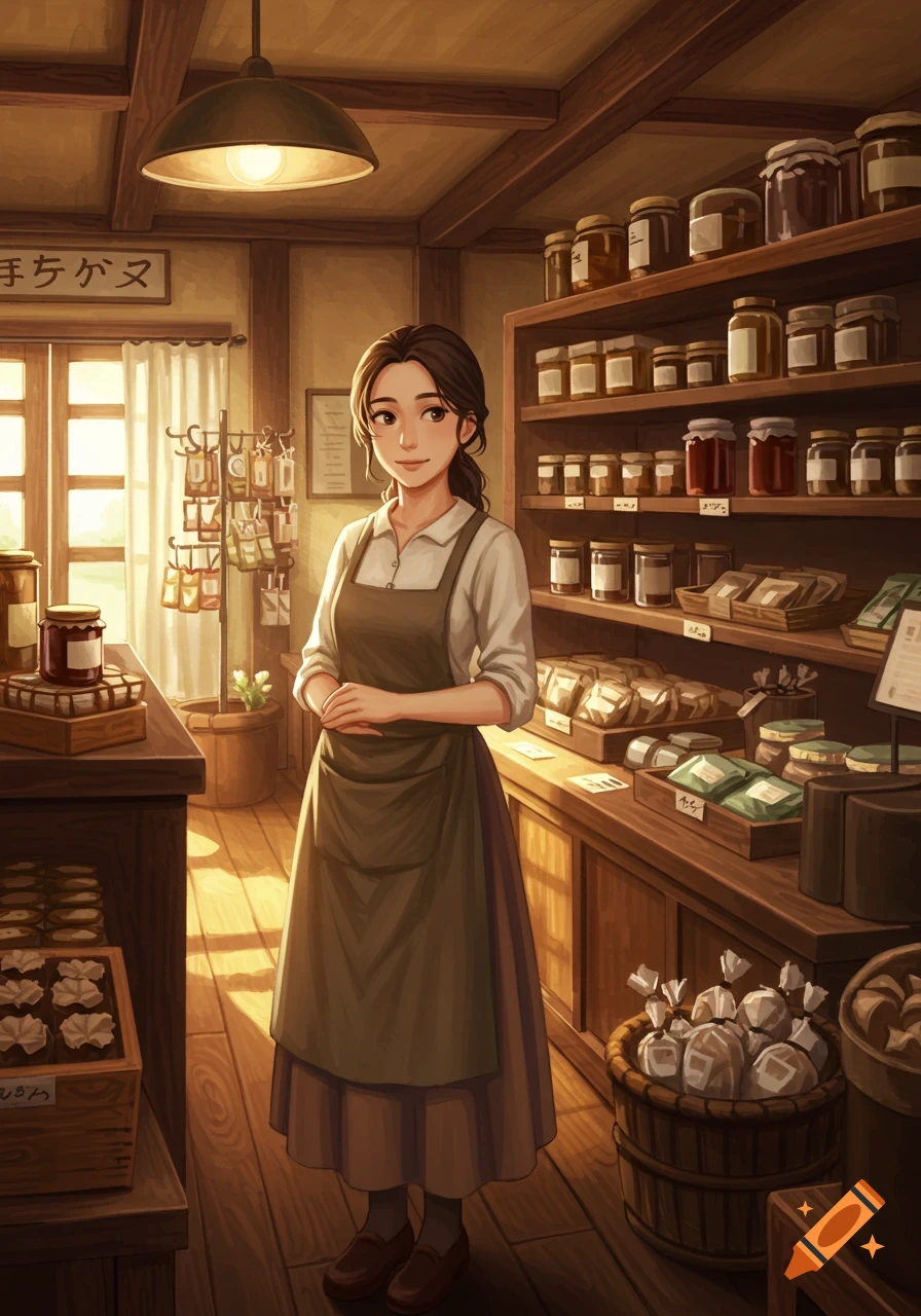 A young woman in an apron stands smiling in a cozy, warmly lit village shop filled with jars and goods on wooden shelves.
