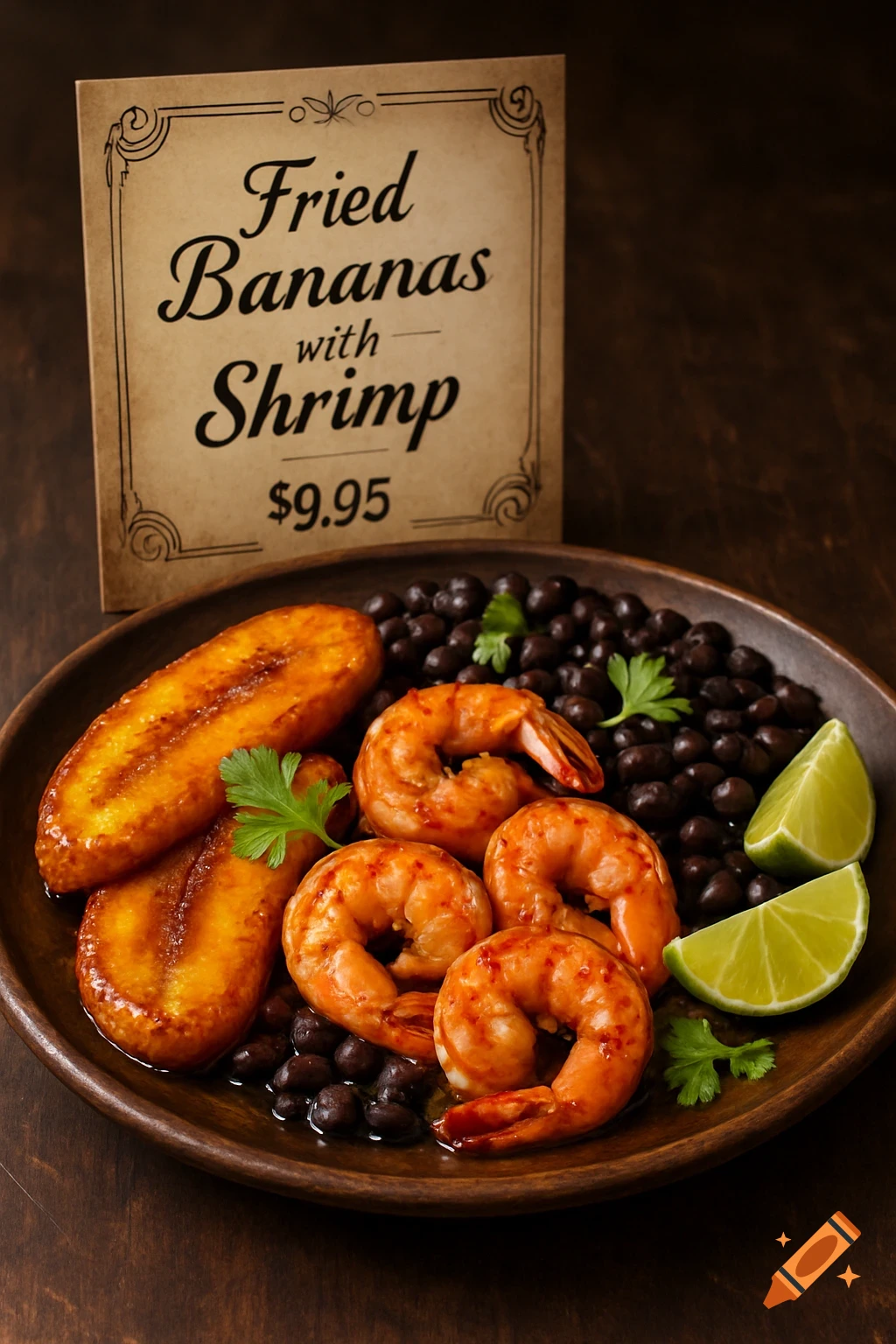 A plate of fried bananas, shrimp, black beans, and lime wedges with a menu sign on a dark wooden table.