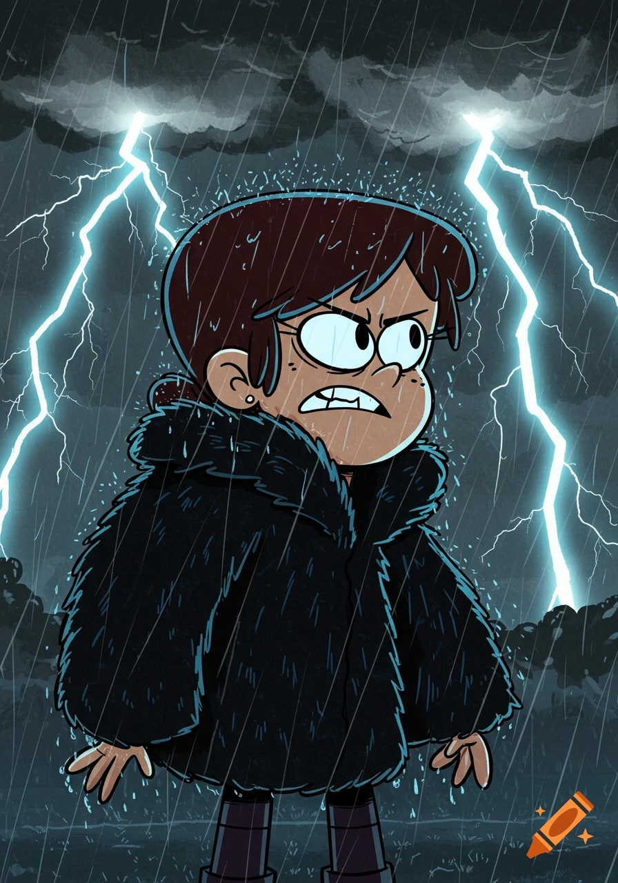 Loud House style girl in a black fur coat, looking angry, stands in heavy rain with lightning in the dark stormy sky.