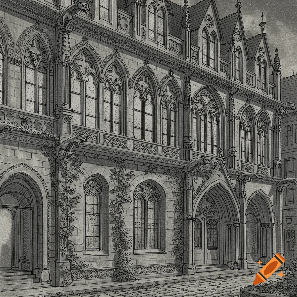 A detailed black and white sketch of a grand Gothic building with arched windows, intricate carvings, gargoyles, and ivy covering its stone walls.