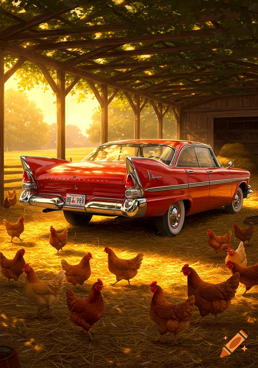A shiny red vintage car with prominent tail fins parked under a wooden structure in a sunlit barn, surrounded by numerous brown chickens on a bed of hay.