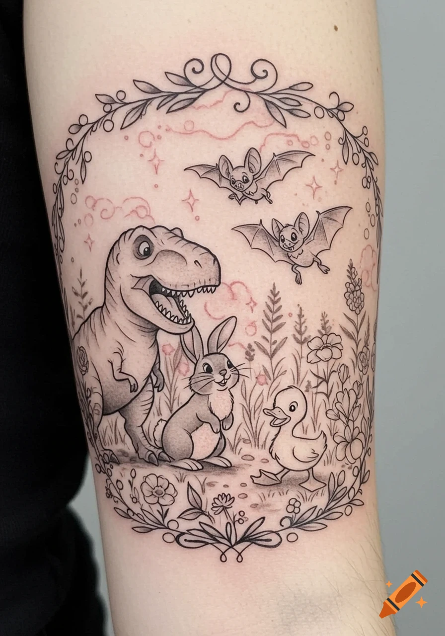 Black and white tattoo on an arm depicting a cute T-Rex, bunny, duckling, and two bats in a forest with a floral border.