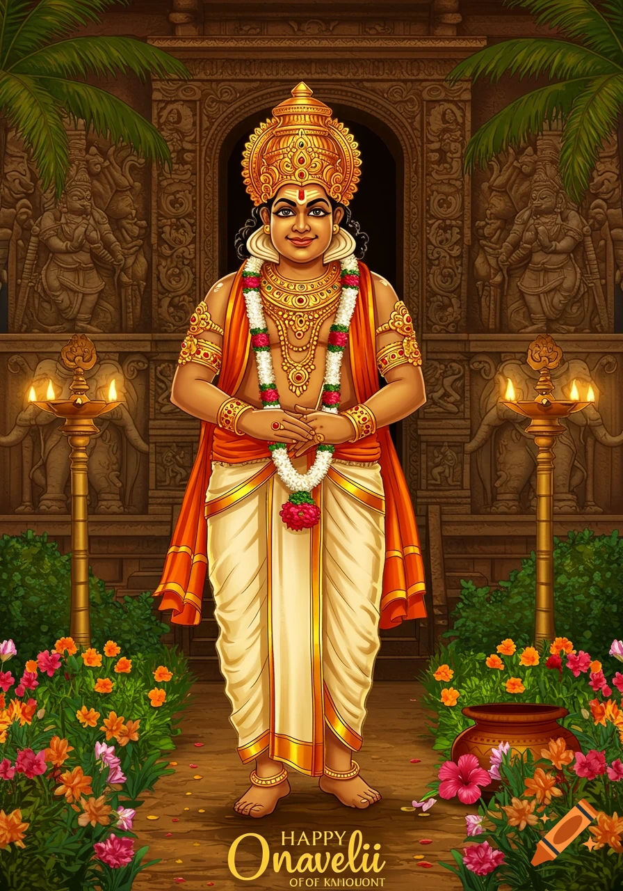 A colorful illustration of a smiling King Mahabali (Maveli) in traditional attire and gold jewelry, standing against a temple backdrop with lamps and flowers.