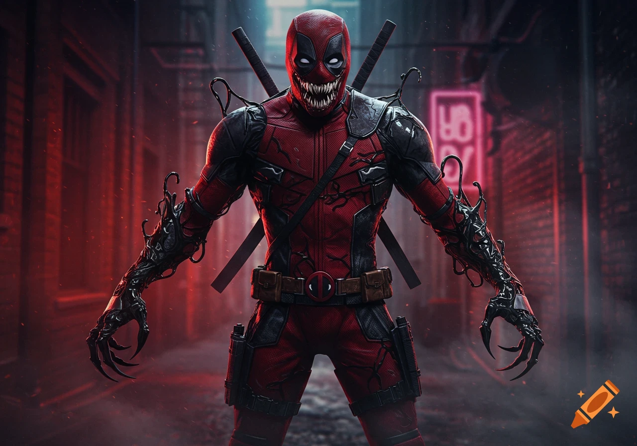 Photorealistic image of a Venom-infused Deadpool with glowing white eyes and sharp teeth, standing in a red-lit alleyway.