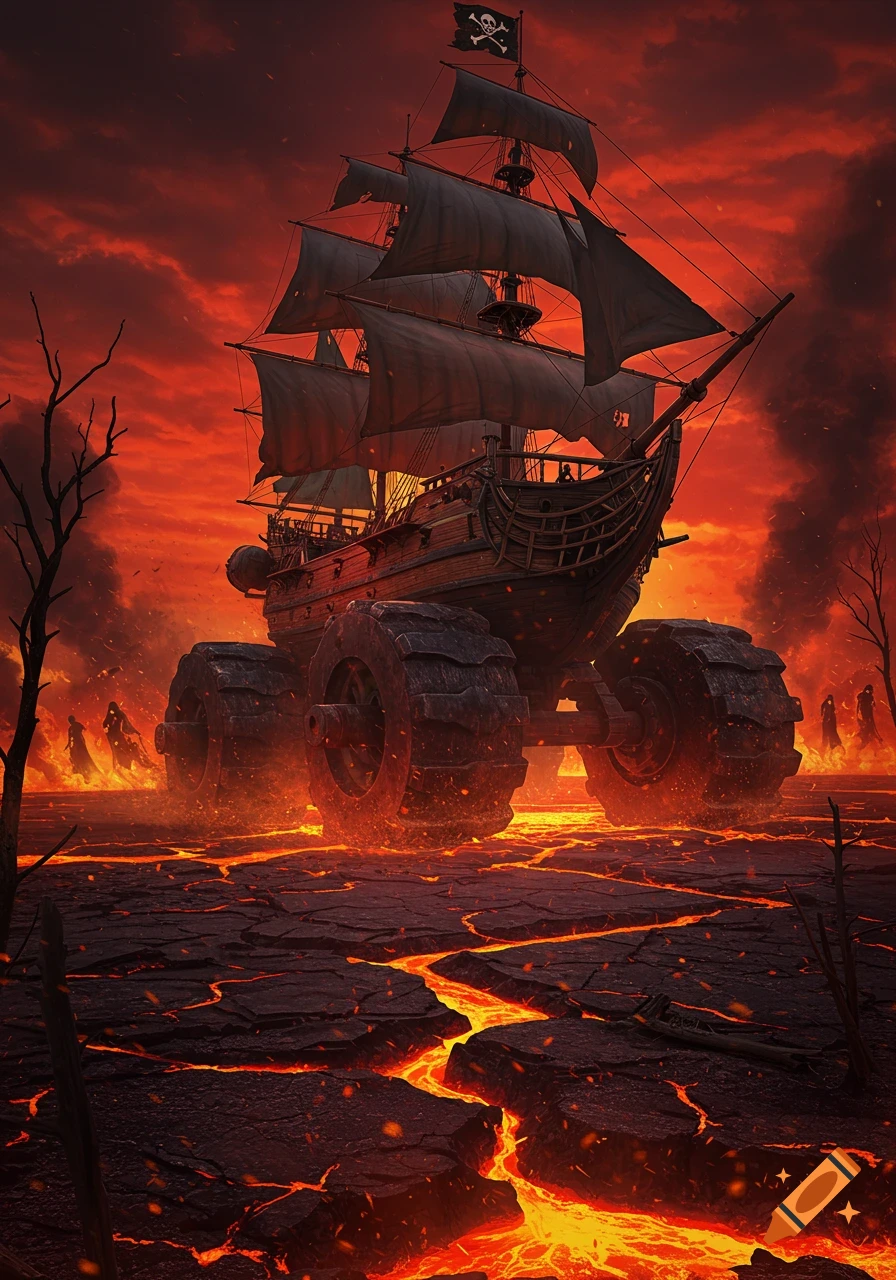 A pirate ship with large monster truck wheels drives across a cracked, fiery landscape under a dark red, stormy sky.