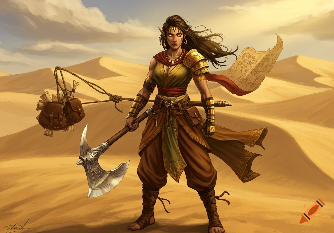 A fantasy half-elf barbarian woman in desert attire with gold armor, holding a battle-axe in a sand dune desert.