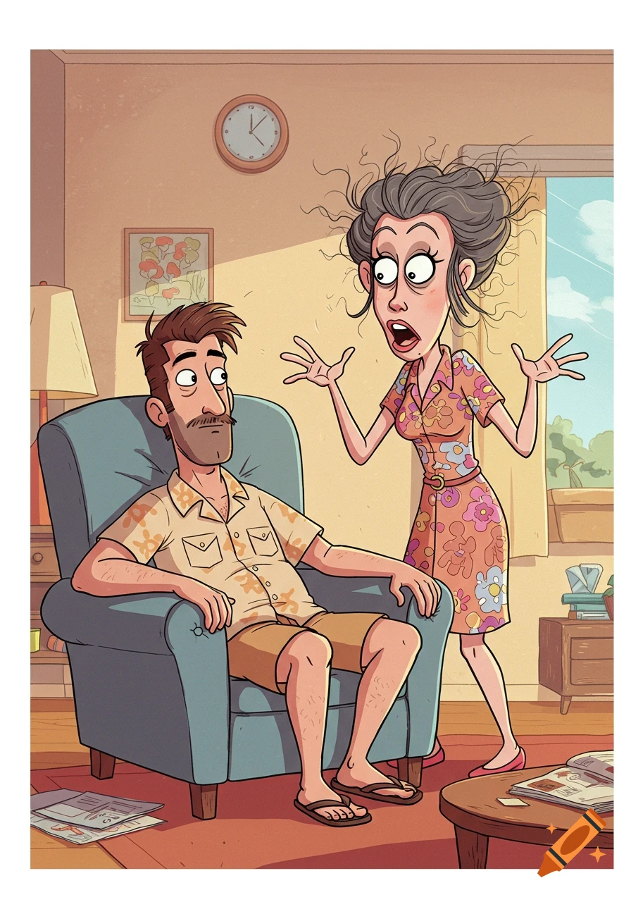 Cartoon illustration of an angry woman yelling at a calm man sitting in an armchair in a living room.