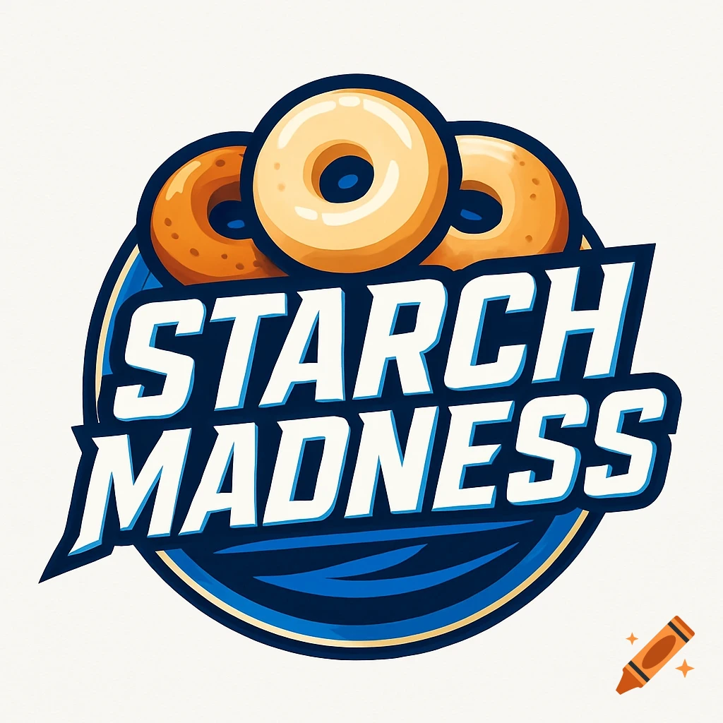 A sports-style logo featuring three bagels and the text 'STARCH MADNESS' in blue and white.