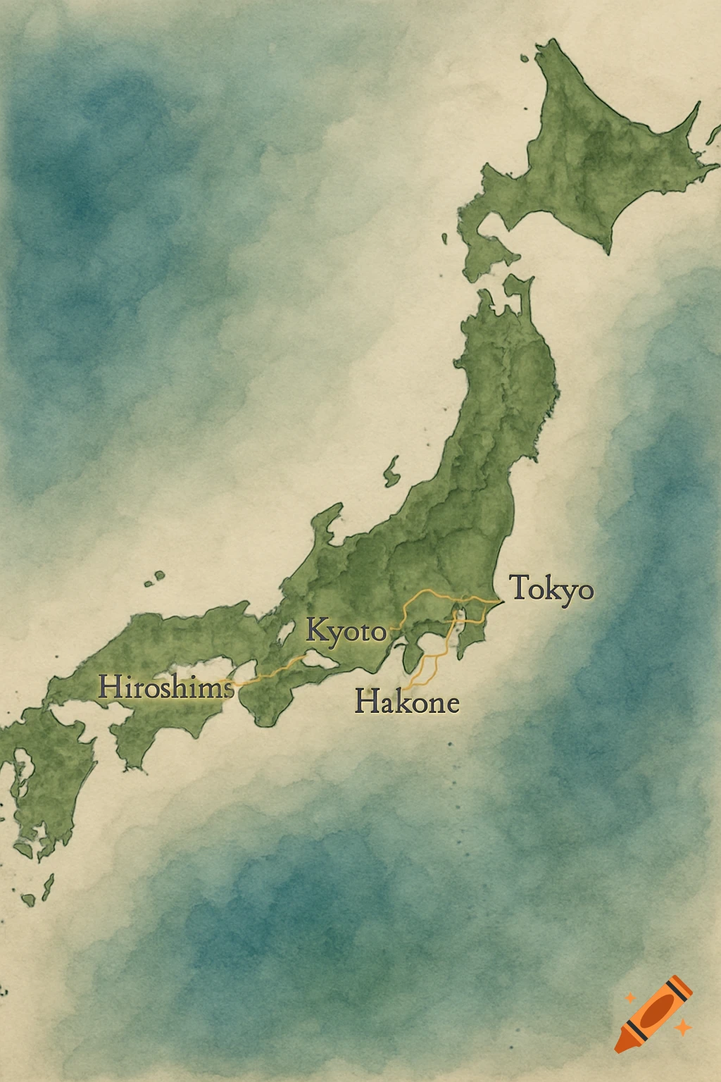 A watercolor map of Japan with cities Tokyo, Kyoto, Hakone, and Hiroshims labeled along a yellow route.