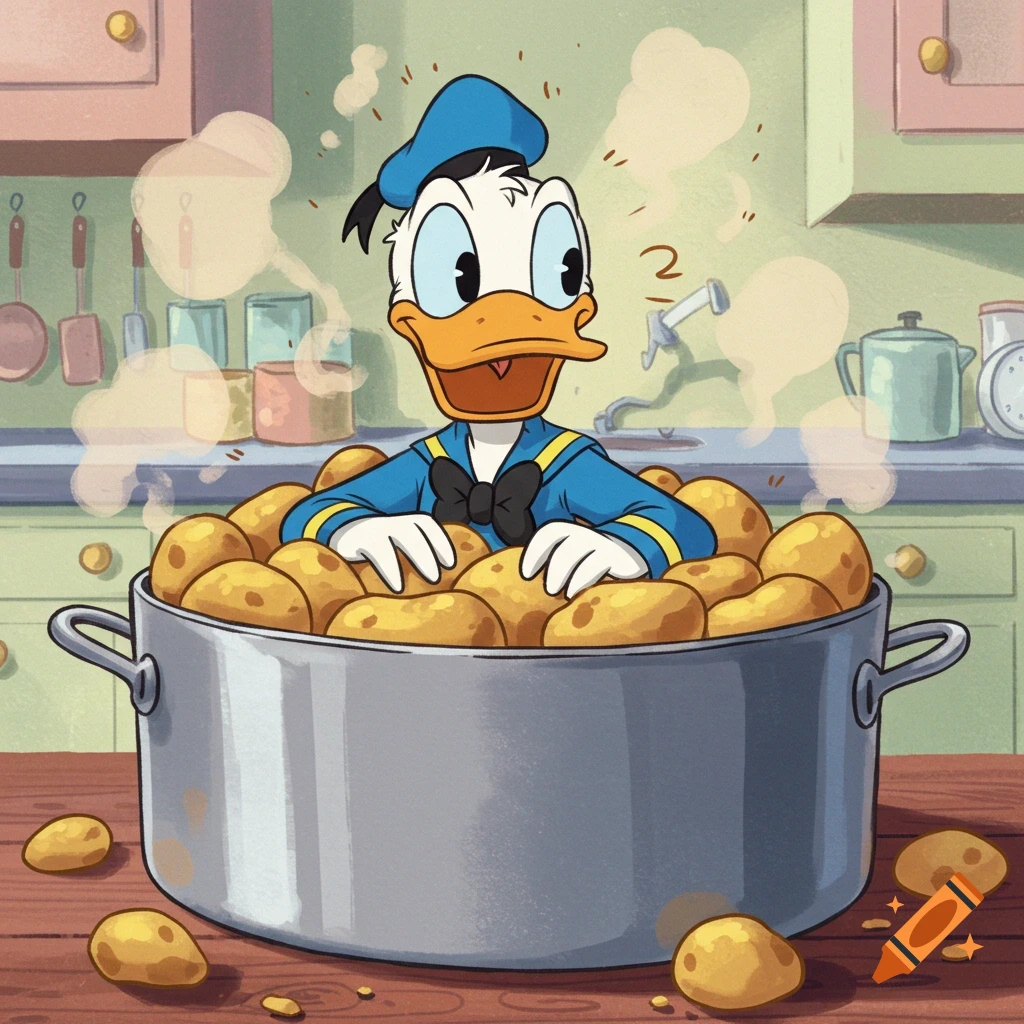 Donald Duck sitting in a large pot full of potatoes in a cartoon kitchen.