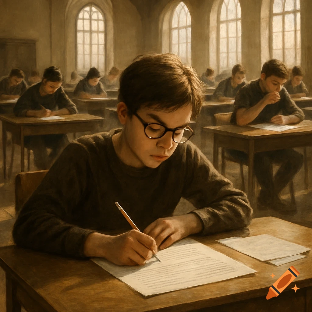 A focused student with glasses writes on an exam paper in a sepia-toned hall filled with other students taking an exam.