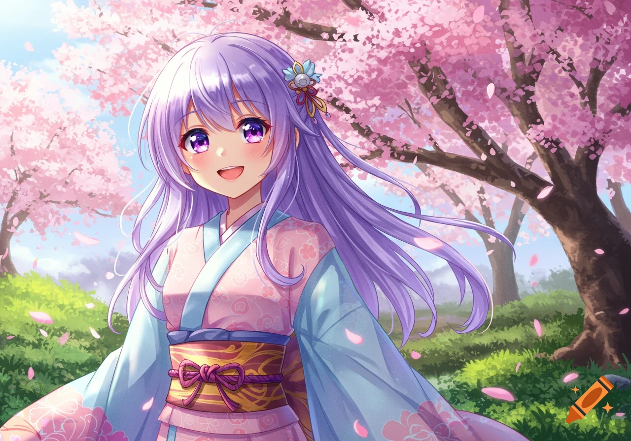 A smiling anime girl with long purple hair in a pink kimono stands under pink cherry blossom trees.