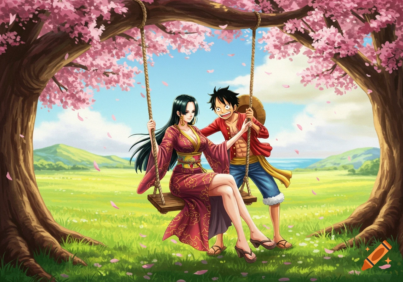 Luffy pushes Hancock on a swing under a cherry blossom tree in a vibrant, anime-style landscape.