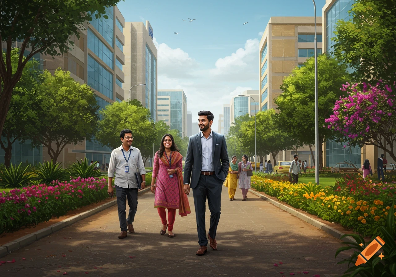 Three South Indian IT professionals walk past modern office buildings and lush, flower-lined streets in Bangalore.