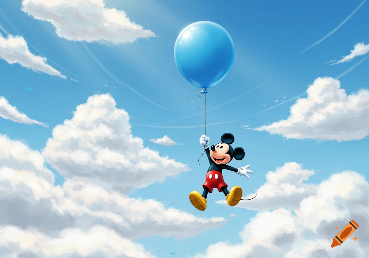 Mickey Mouse floats in a bright blue sky, holding onto a large blue balloon amidst fluffy white clouds.