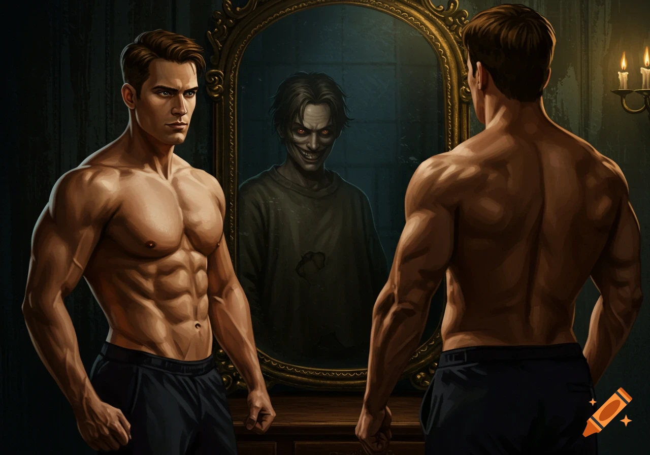A muscular man looks into a mirror, seeing a creepy, grinning monster reflection with red eyes.