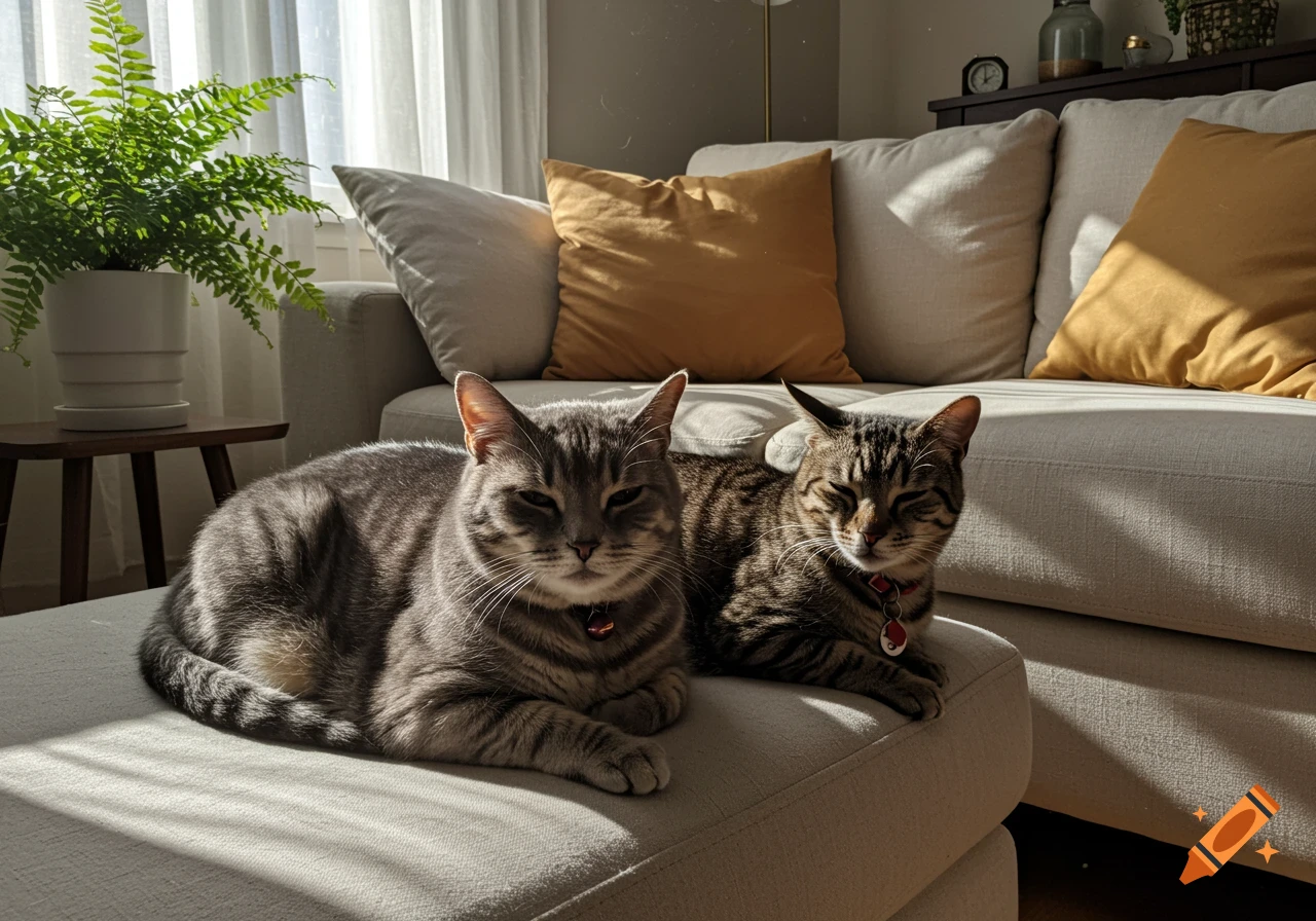 Two tabby cats are resting on a light-colored couch, bathed in sunlight coming from a nearby window. A green potted plant is on a table nearby.