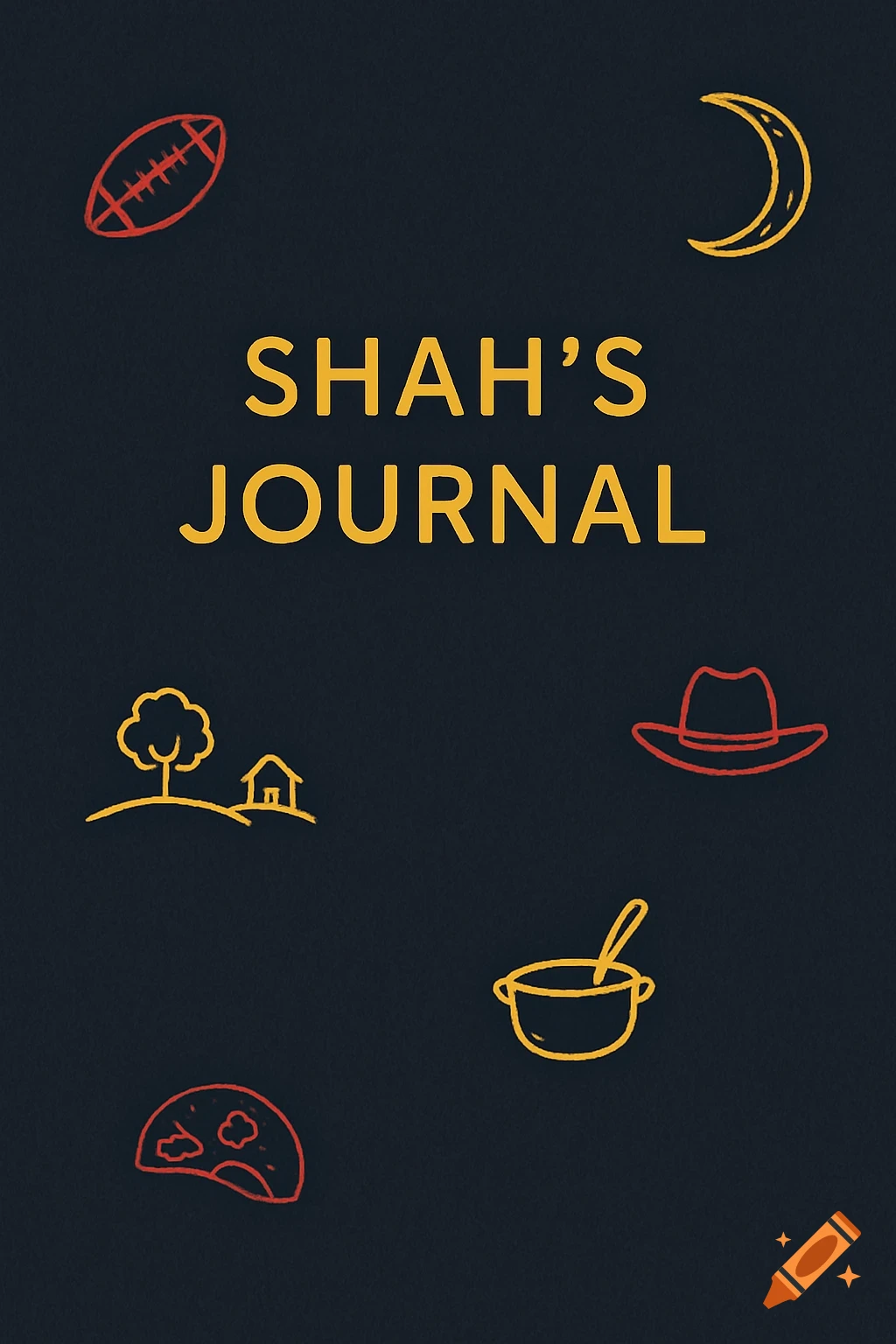 Minimalist journal cover with 'SHAH'S JOURNAL' in yellow text on a dark navy background, surrounded by simple red and yellow line-art doodles of various objects.