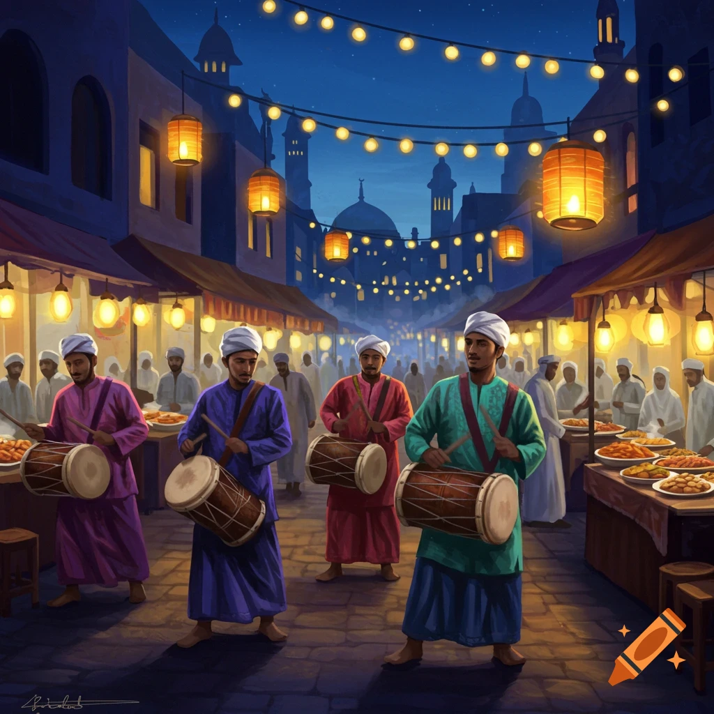 Four men in colorful traditional attire play drums in a vibrant night market lit by lanterns, with people and food stalls.