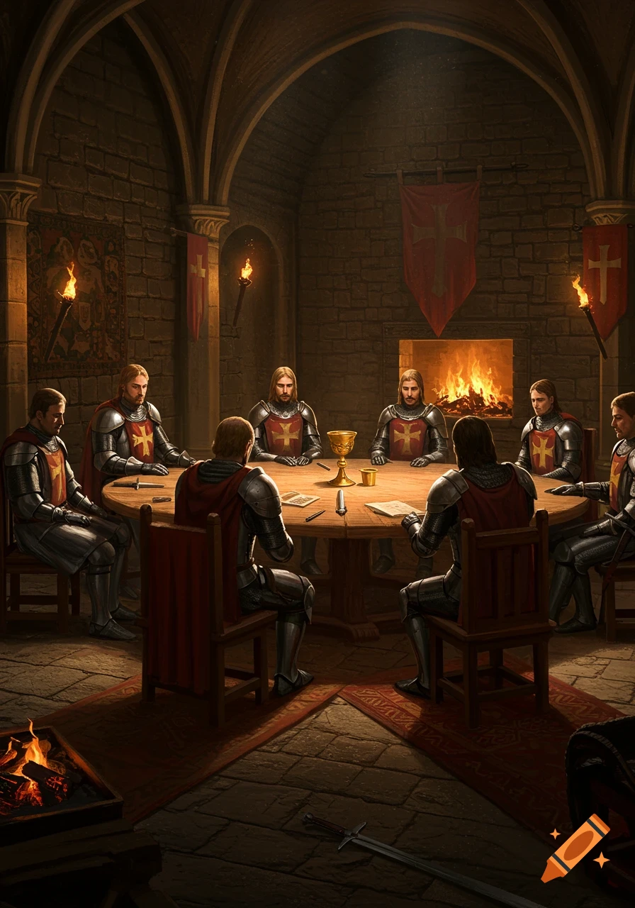 Seven armored knights with long hair sit around a large round wooden table in a dimly lit stone chamber with a fireplace and torches.