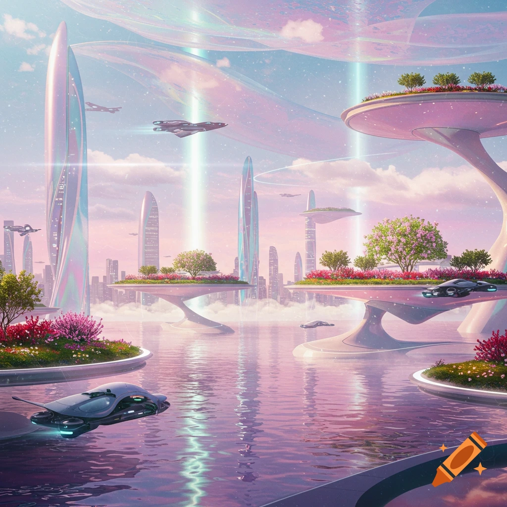 A vibrant futuristic city with tall, iridescent buildings and flying vehicles over reflective water under pastel pink and blue skies.