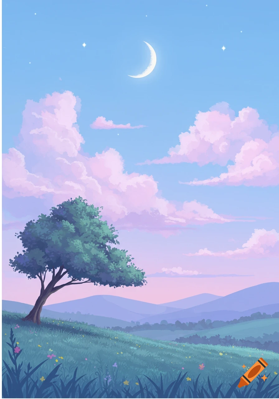 A stylized painting of a serene landscape with a tree on a grassy hill, rolling hills, and a crescent moon in a pink and blue sky.