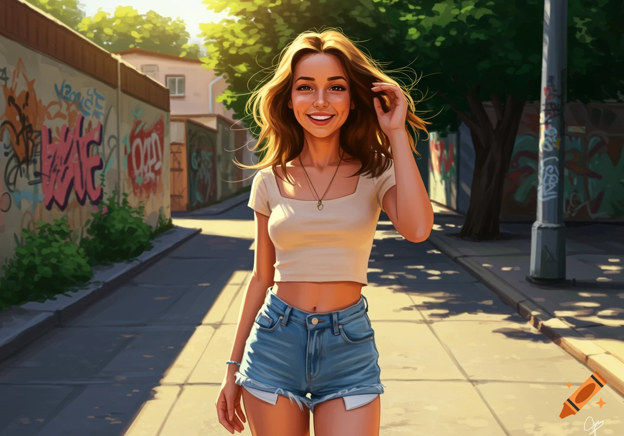 A smiling young woman in a beige crop top and denim shorts walks on a sunlit street with graffiti walls.