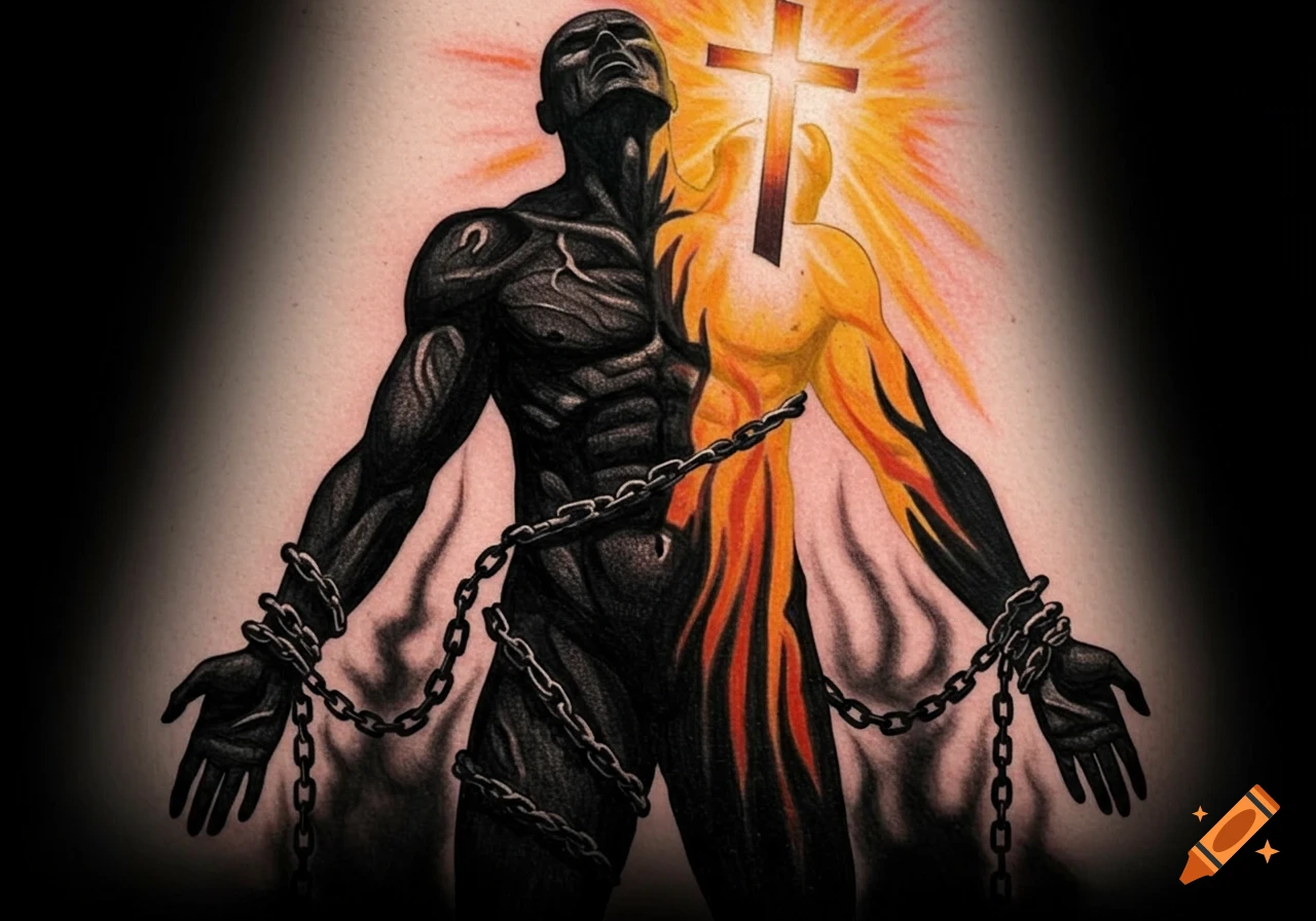 Stylized illustration of a man split. One half is dark and chained, the other radiant reaching toward a bright cross.