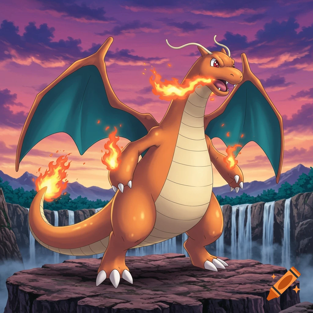 A detailed anime illustration of Charizard breathing fire while standing on a rocky cliff overlooking waterfalls at sunset.