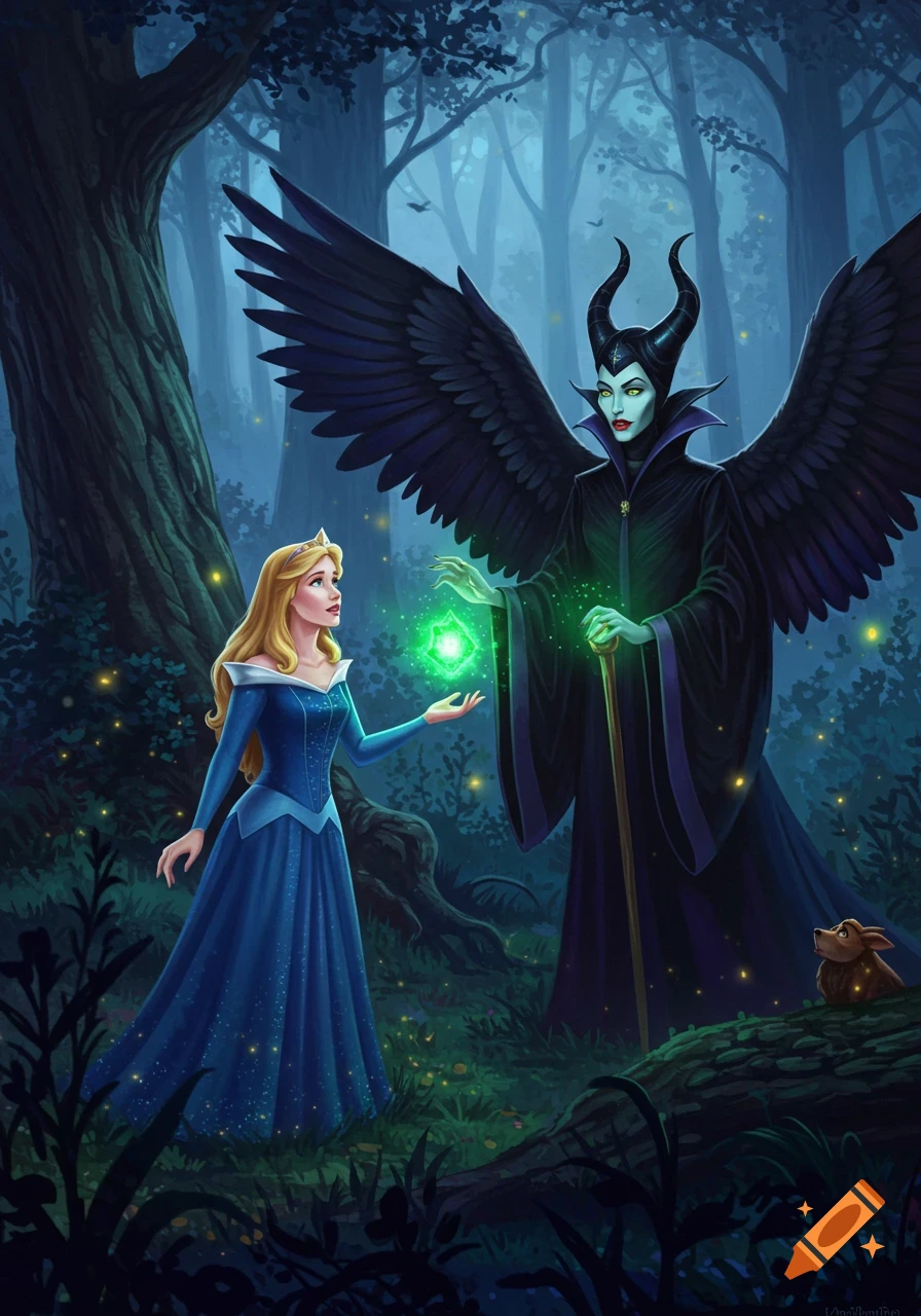 Sleeping Beauty and Maleficent in a mystical forest, Maleficent showing Sleeping Beauty a glowing green orb.