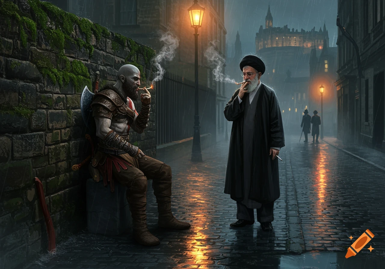 Kratos and Ayatollah Ali Khamenei stand smoking cigarettes on a rainy Edinburgh street, with Edinburgh Castle in the background.