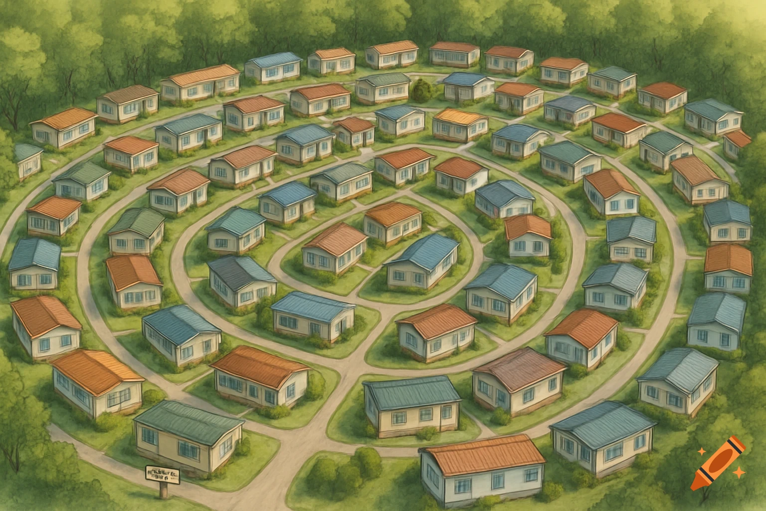 An aerial illustration of a mobile home community with houses arranged in concentric circles, surrounded by green trees.