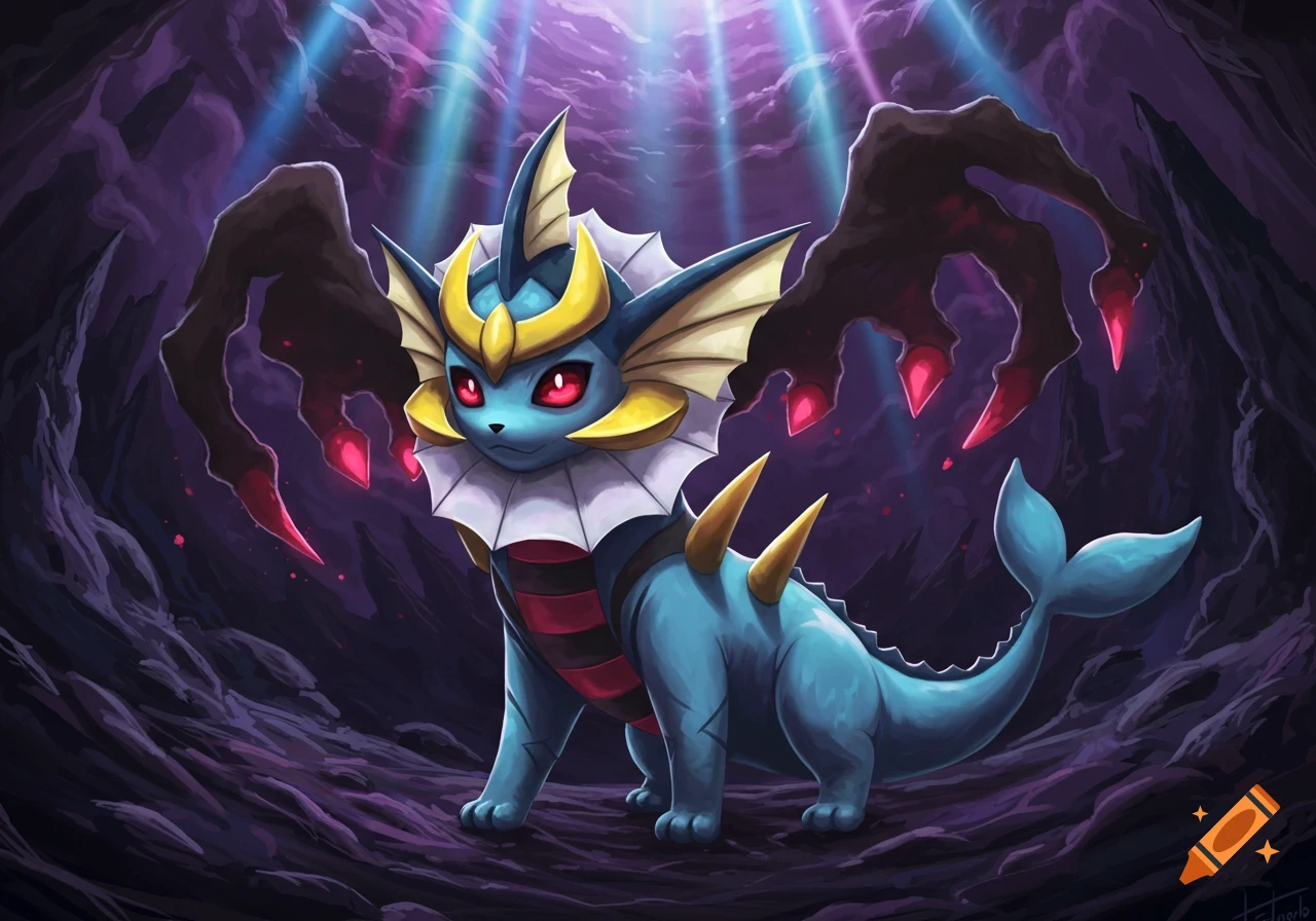 A Vaporeon cosplaying as Giratina, with red eyes and golden armor, stands in a dark cave with shadowy hands and light beams.