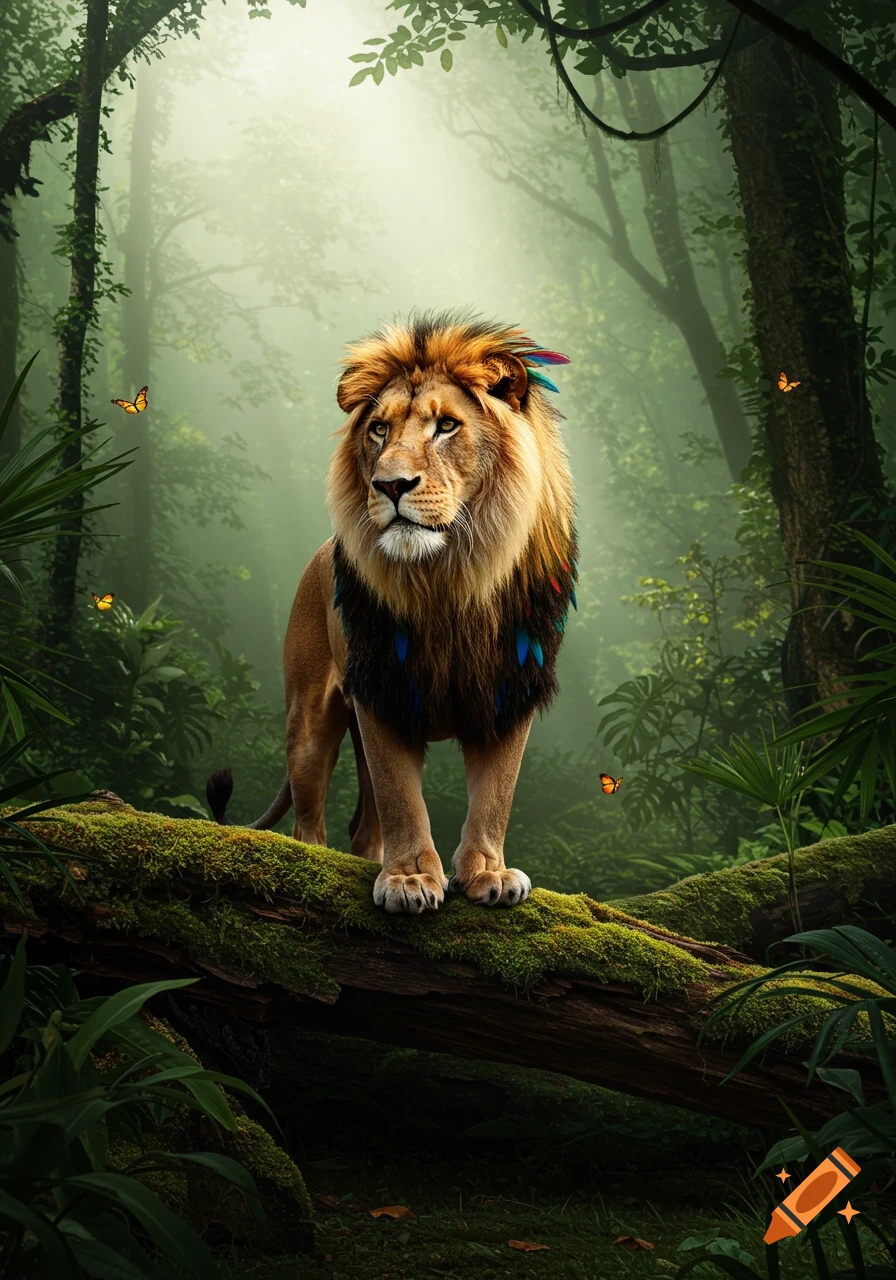 A majestic lion with colorful feathers in its mane stands on a mossy log in a misty, lush green rainforest with butterflies, photorealistic.