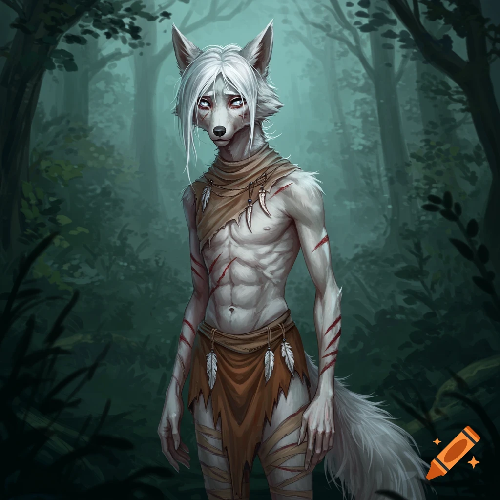 A slender male wolfkin with white fur and hair, covered in red scars, stands in a dark forest wearing tattered clothes and feathers.