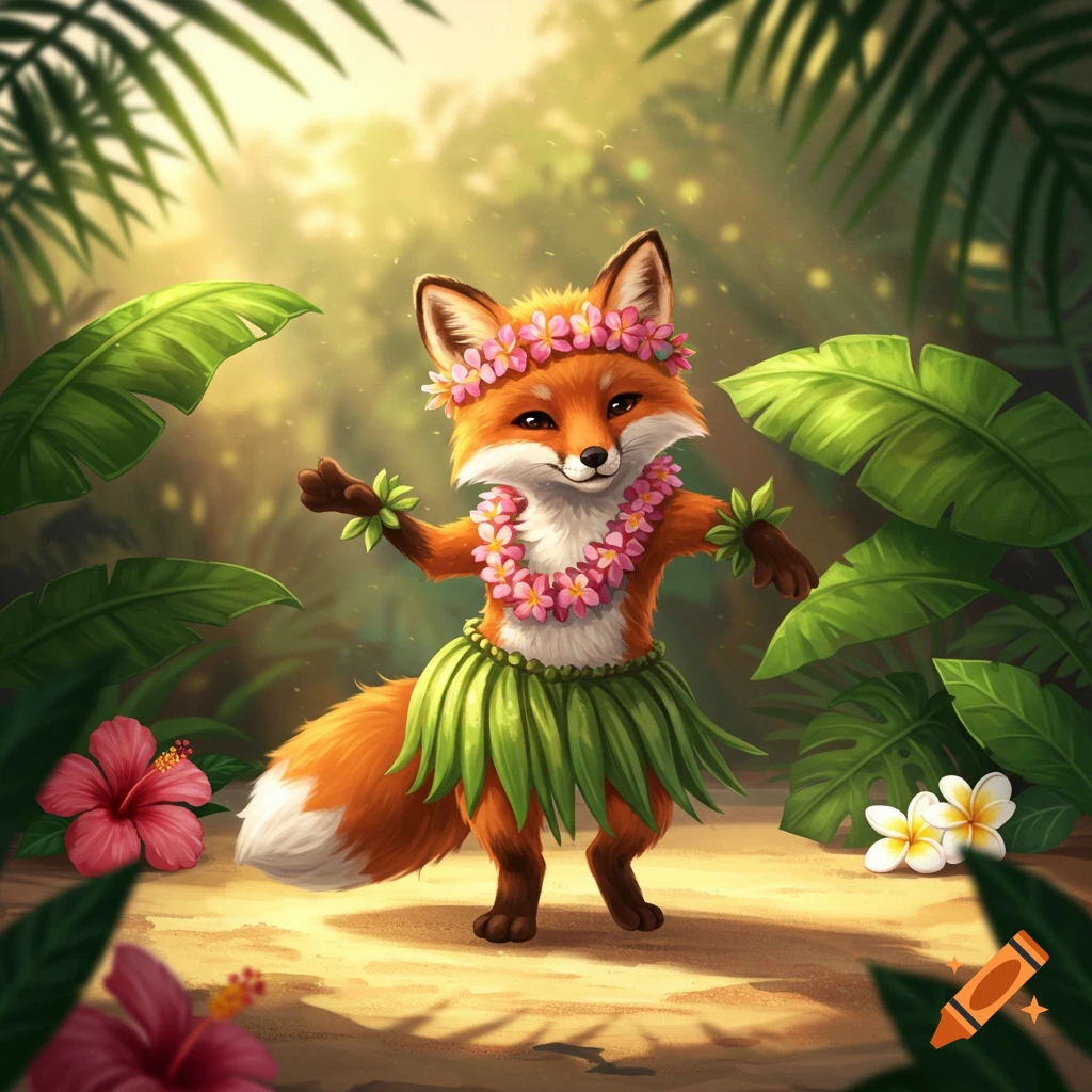 A cute orange fox wearing a lei and hula skirt, dancing in a tropical jungle with large green leaves and flowers.
